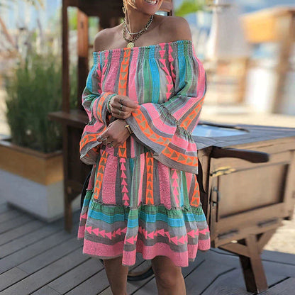 Women's Off-Shoulder Dress - Bohemian Flowing Fit - Long Sleeve Tiered Skirt