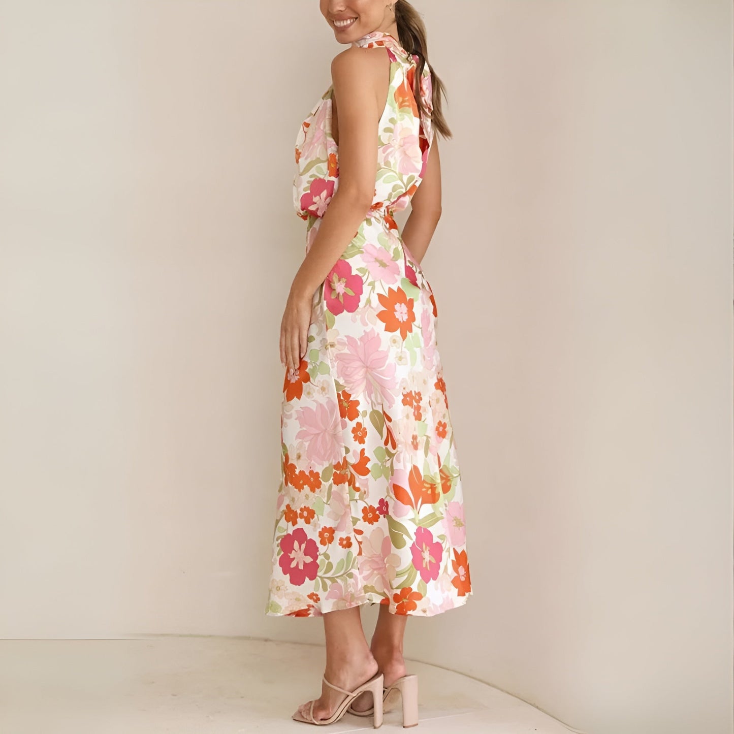 Women's Halter Midi Dress - Draped Asymmetrical Design - Elegant Floral Print