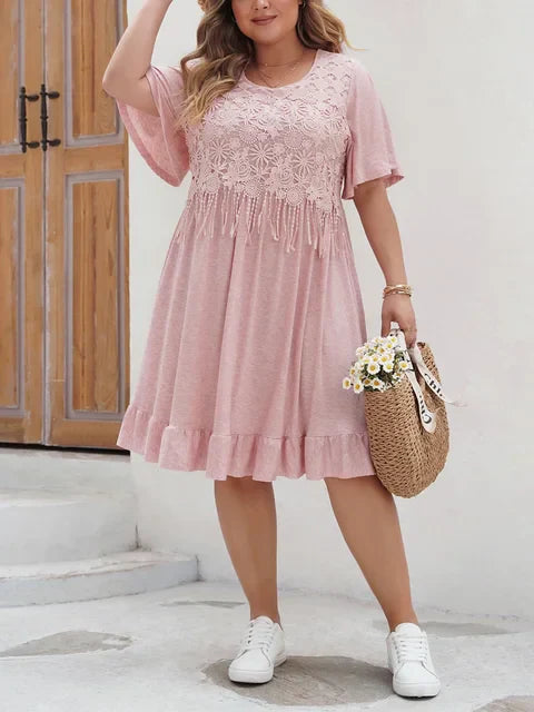 Women's A-Line Dress - Lace Detail - Short Sleeve - Ruffle Hem - Knee-Length Casual Wear
