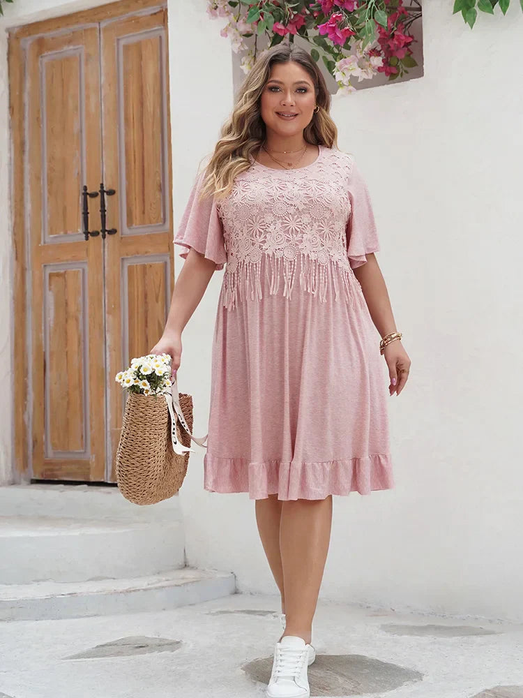 Women's A-Line Dress - Lace Detail - Short Sleeve - Ruffle Hem - Knee-Length Casual Wear