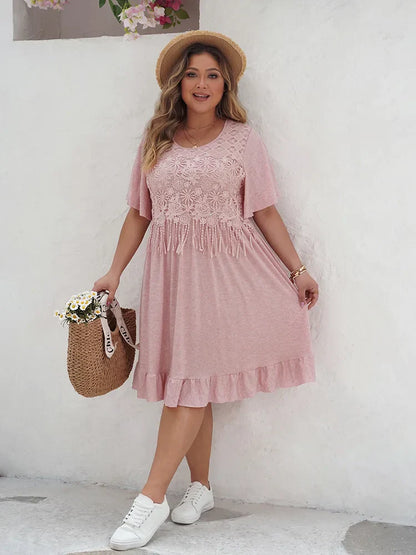 Women's A-Line Dress - Lace Detail - Short Sleeve - Ruffle Hem - Knee-Length Casual Wear