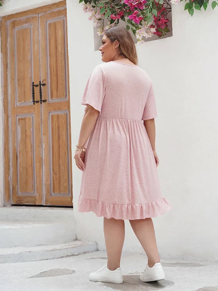 Women's A-Line Dress - Lace Detail - Short Sleeve - Ruffle Hem - Knee-Length Casual Wear