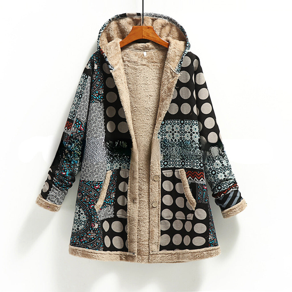 Women’s Jacket – Oversized Fit – Fuzzy Patchwork – Shearling Lined – Hooded Mid-Length