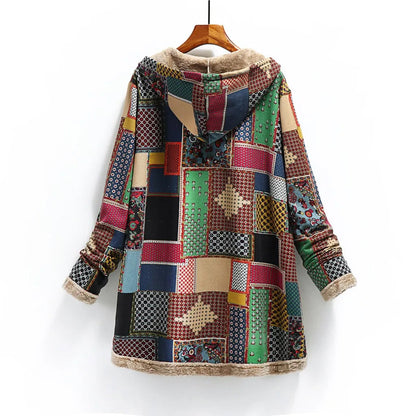 Women’s Jacket – Oversized Fit – Fuzzy Patchwork – Shearling Lined – Hooded Mid-Length