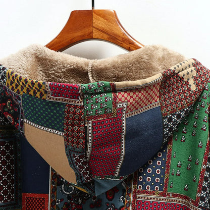 Women’s Jacket – Oversized Fit – Fuzzy Patchwork – Shearling Lined – Hooded Mid-Length