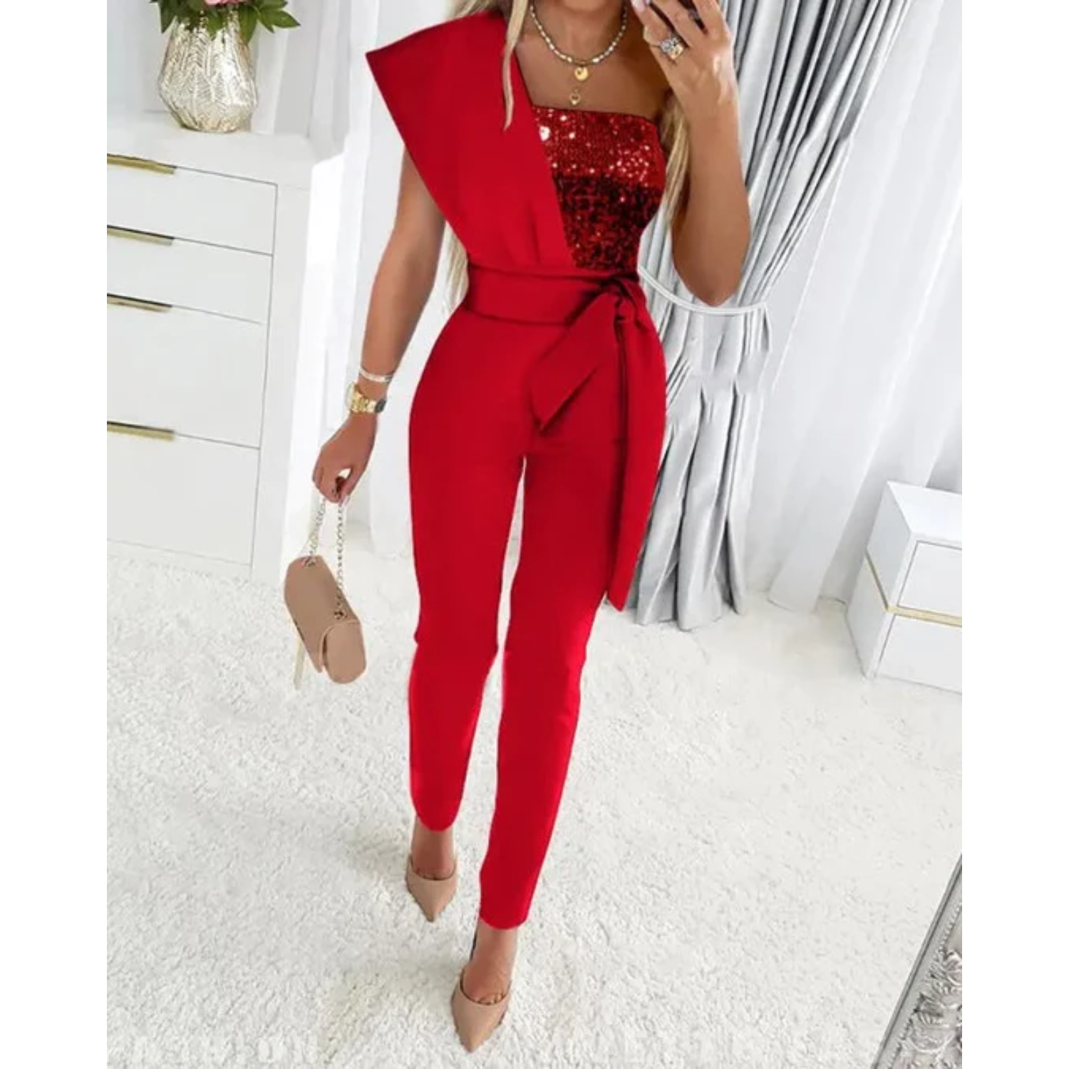 Sequin One Shoulder Slim Fit Jumpsuit