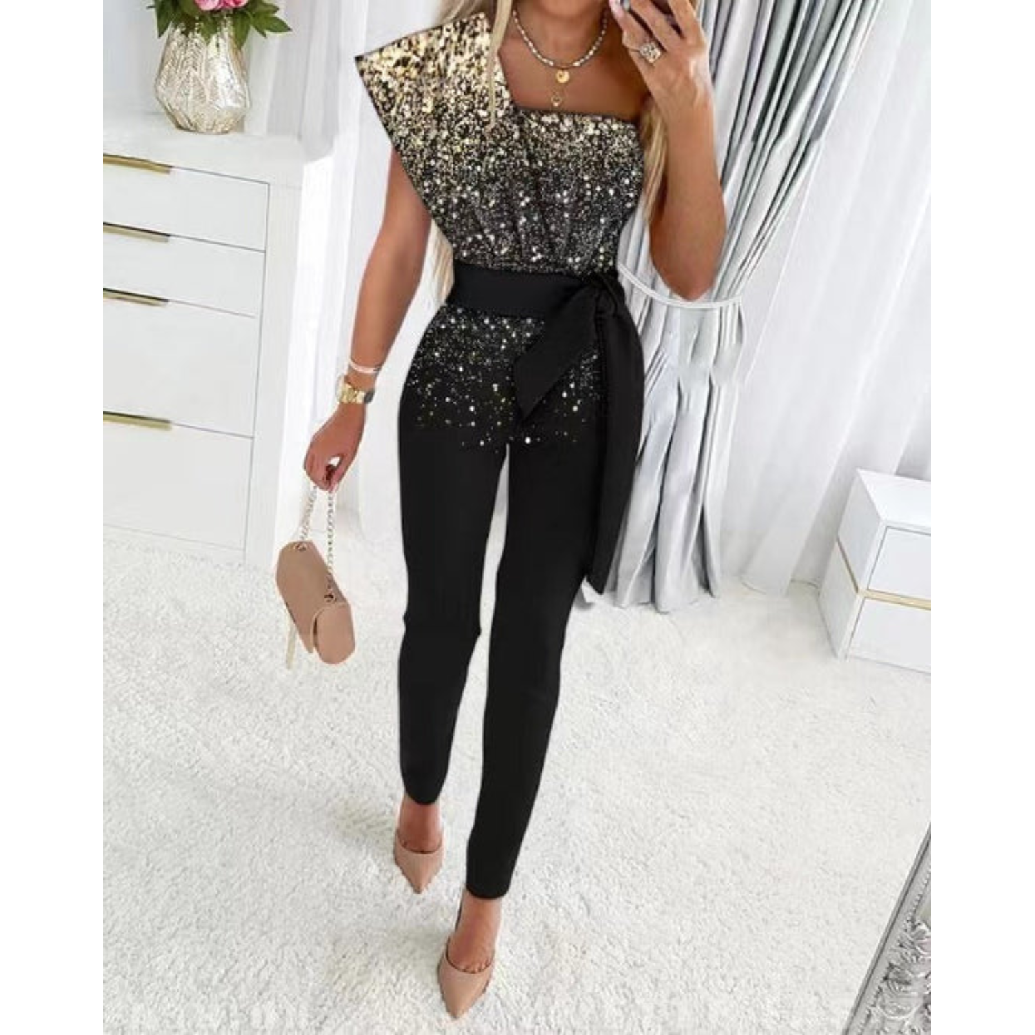 Sequin One Shoulder Slim Fit Jumpsuit
