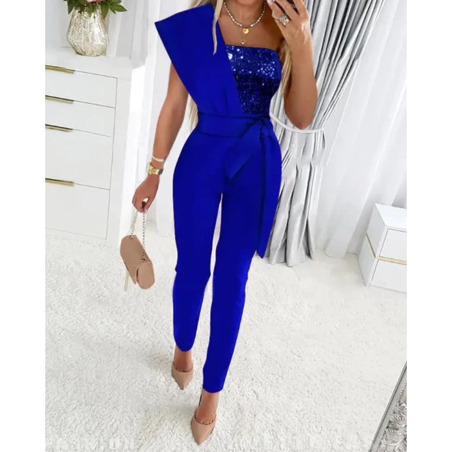 Sequin One Shoulder Slim Fit Jumpsuit