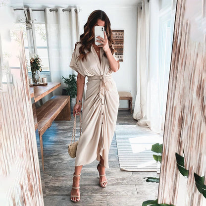 Women's Midi Wrap Dress - Button Down - Waist Tie - Short Sleeve Flowy Fit