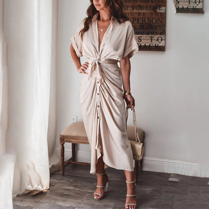 Women's Midi Wrap Dress - Button Down - Waist Tie - Short Sleeve Flowy Fit