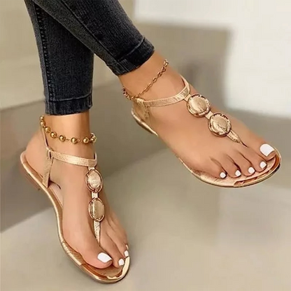 Women's Thong Sandals - Flat Sole - Embellished Straps - Casual Flip-Flop Style