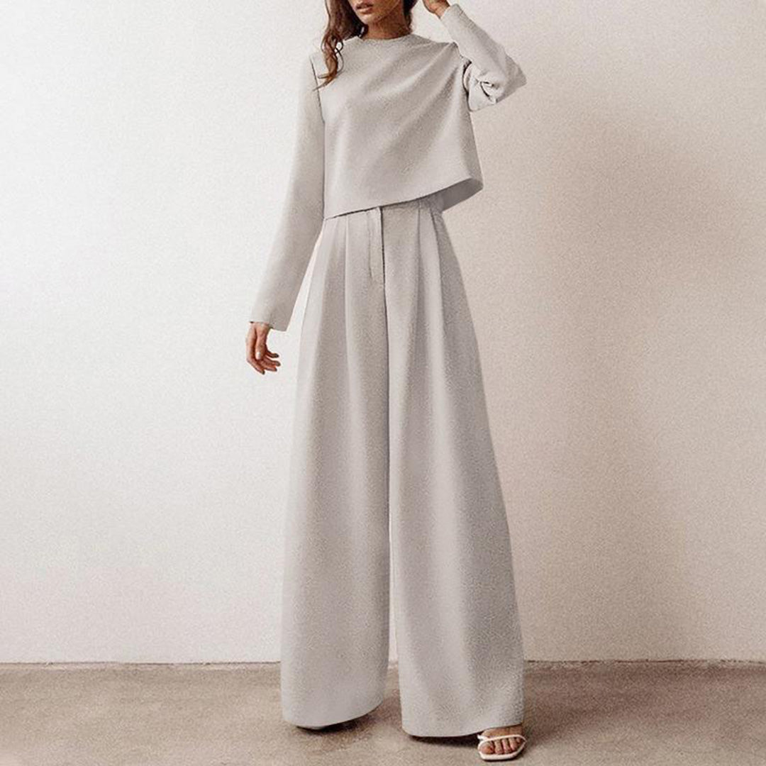 Women's casual long sleeve top and high waist wide leg trouser set