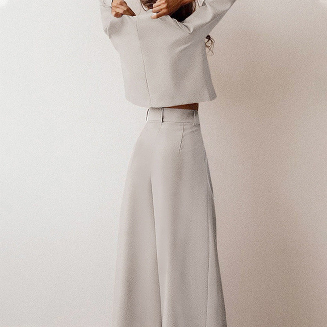 Women's casual long sleeve top and high waist wide leg trouser set