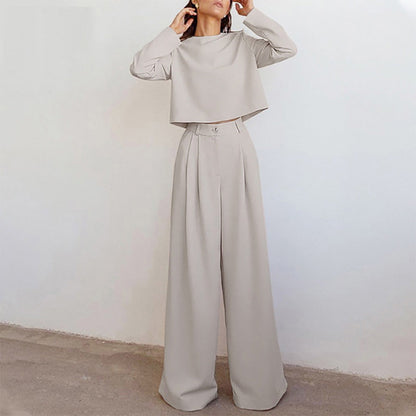 Women's casual long sleeve top and high waist wide leg trouser set