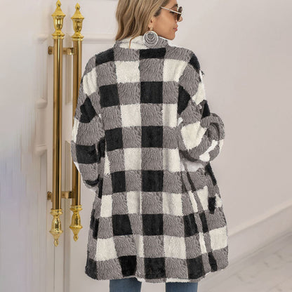 Women's plush plaid midi-length button-down coat