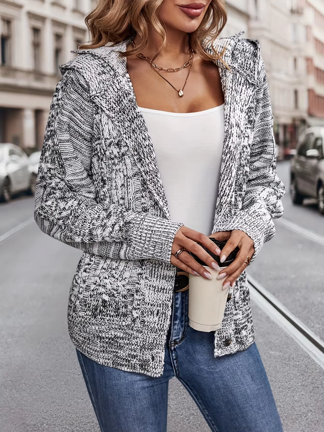 Cable knit hooded cardigan for women