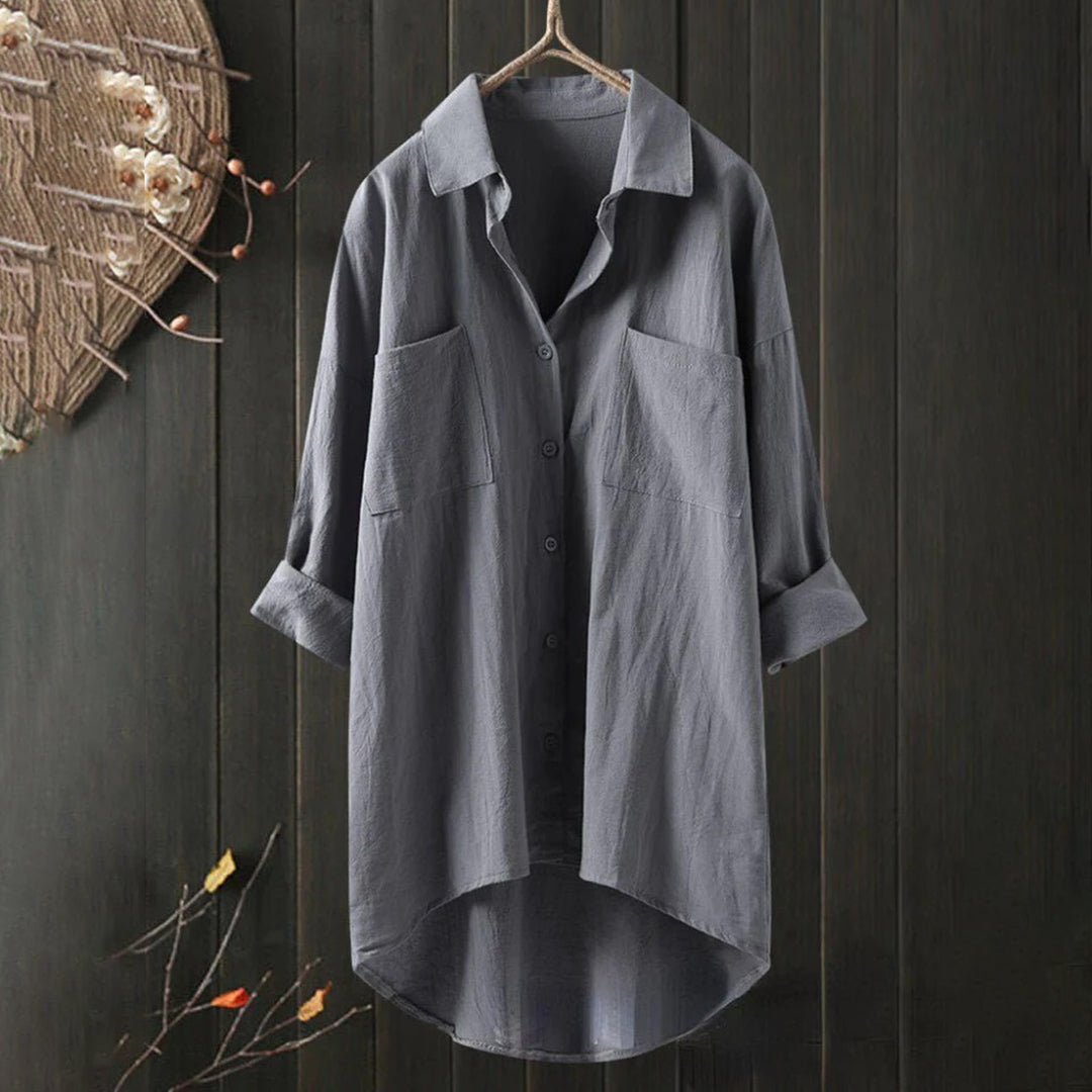 Women's Linen Button-Up Shirt - Oversized Fit - Long Sleeve - High-Low Hem - Casual Wear