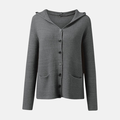Women’s Hooded Knit Cardigan – Relaxed Fit – Button Front – Patch Pockets – Ribbed Cuffs