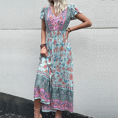 Women's Maxi Dress - Boho Floral Print - Short Ruffled Sleeves - Flowy Elastic Waist