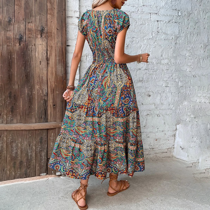 Women's Maxi Dress - Fit-and-Flare - V-Neck - Cap Sleeves - Smocked Bodice - Tiered Skirt