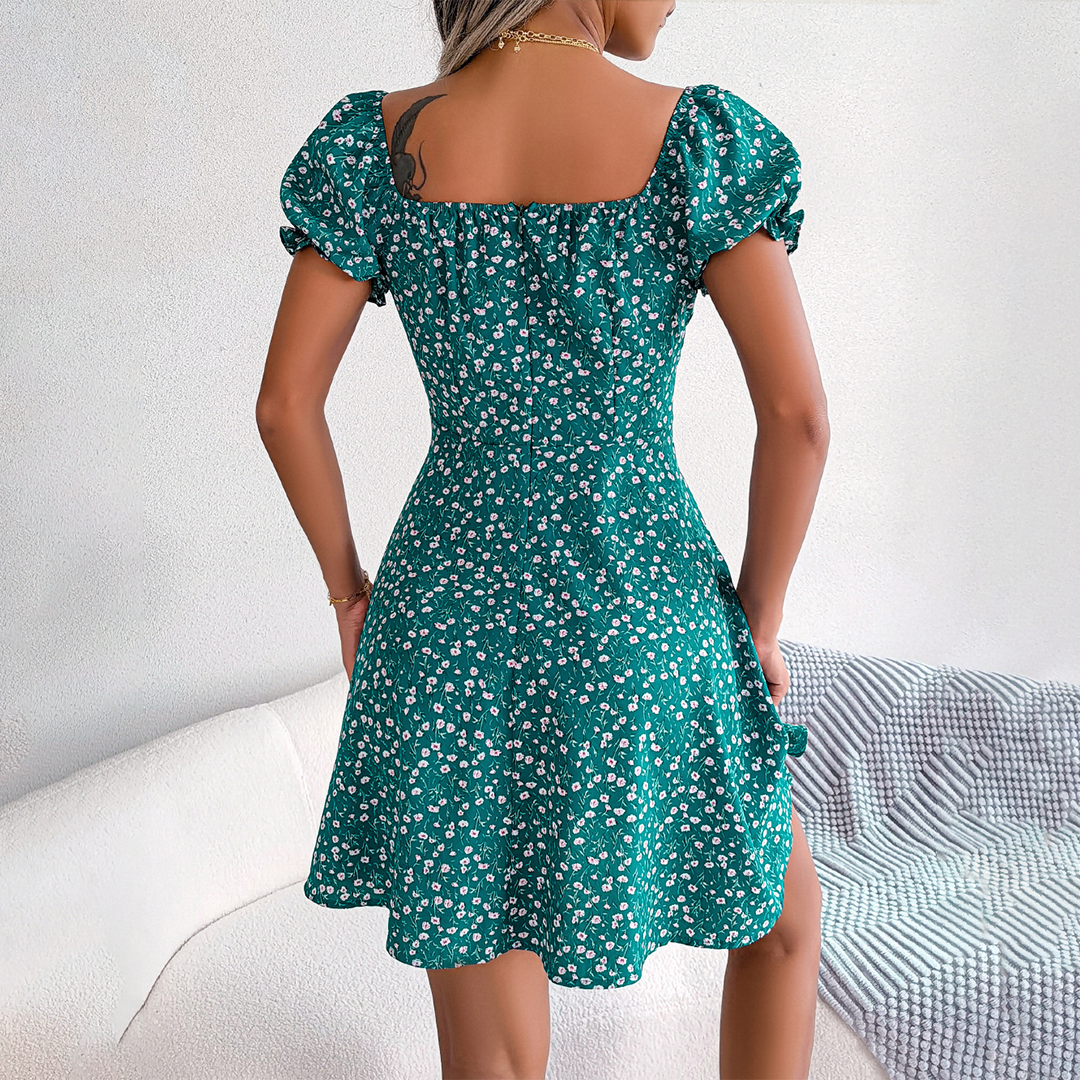 Women's A-Line Mini Dress - Sweetheart Neckline - Puff Sleeves - Floral Print