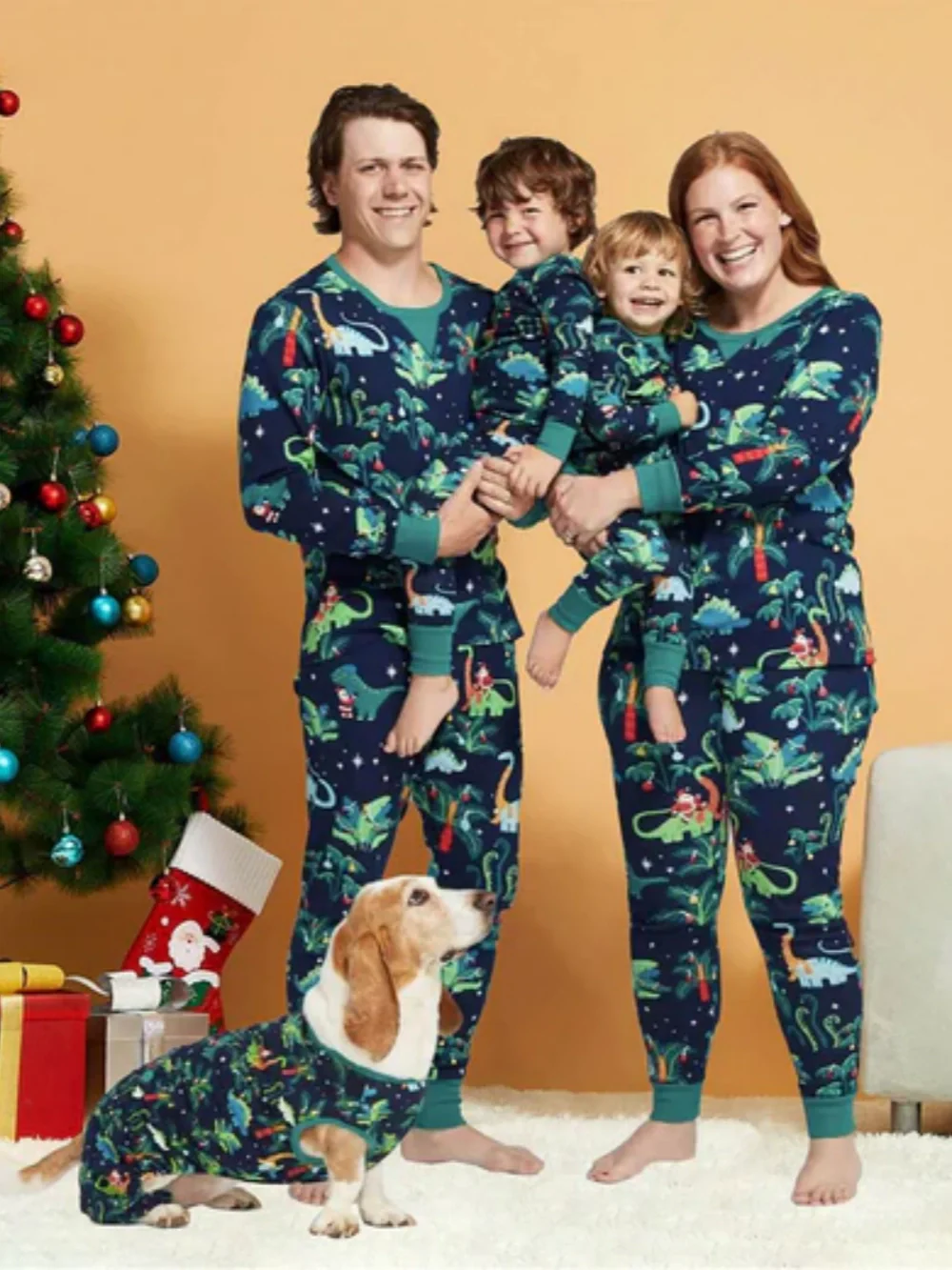 Family matching Christmas dinosaur pajama set with pet outfit