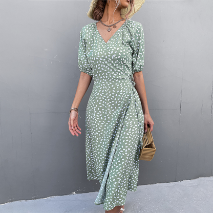 Women's Wrap Dress - Polka Dot Print - Midi Length - Puff Sleeve Elegant Fit