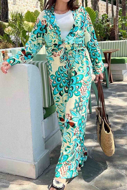 Women's Two-Piece Set - Kimono-Style Top & Wide-Leg Pants - Tie Waist - Boho Chic