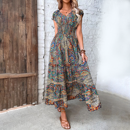 Women's Maxi Dress - Fit-and-Flare - V-Neck - Cap Sleeves - Smocked Bodice - Tiered Skirt