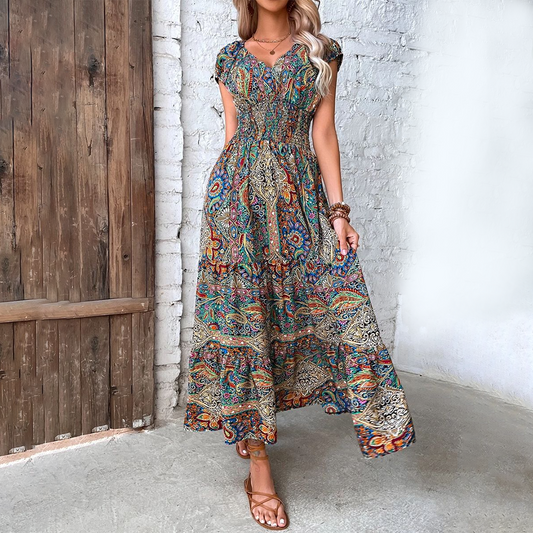 Fit-and-Flare Smocked Bodice Maxi Dress