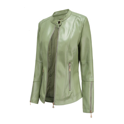 Women's leather short jacket with stand collar