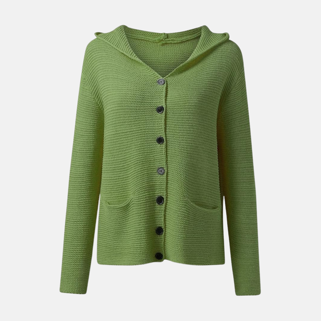 Women’s Hooded Knit Cardigan – Relaxed Fit – Button Front – Patch Pockets – Ribbed Cuffs