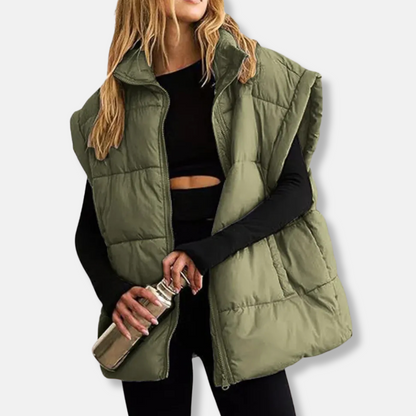 Women’s Puffer Vest – Quilted Insulated – Relaxed Fit – High Collar – Hip Length
