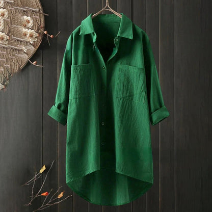 Women's Linen Button-Up Shirt - Oversized Fit - Long Sleeve - High-Low Hem - Casual Wear