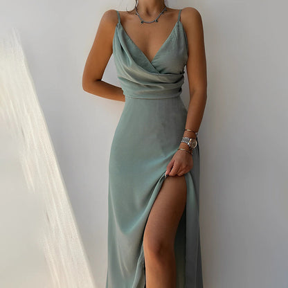 Women’s Evening Dress – Satin Slim Fit – Plunging Neckline – High Slit Floor Length
