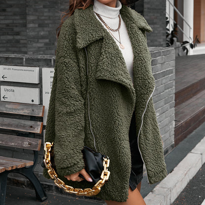 Oversized sherpa jacket with lapel collar for women