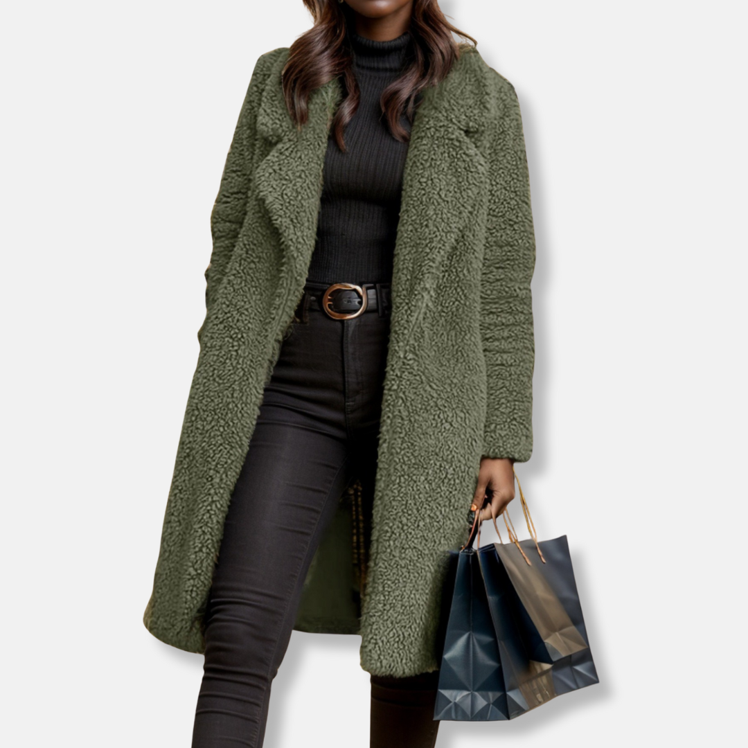 Women’s Trench Coat – Relaxed Fit – Plush Textured Fabric – Notched Lapel – Mid-Calf Length