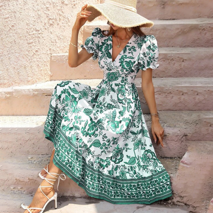 Women's Midi Dress - Floral Print - Puff Sleeve V-Neck - Cinched Waist A-Line