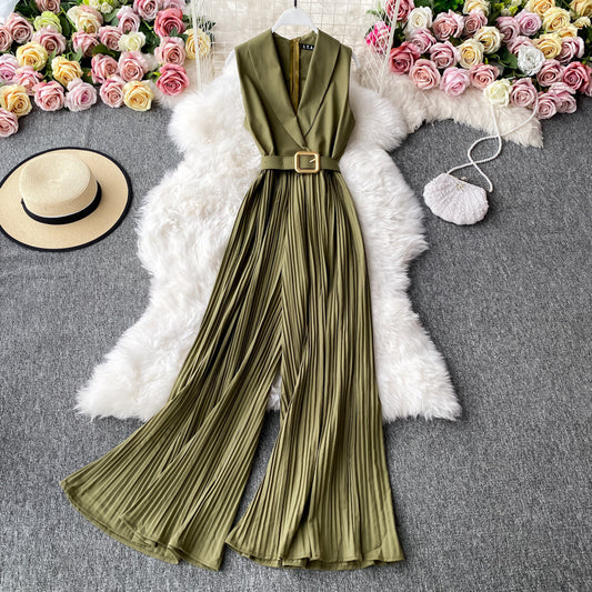 Pleated Belted Wide-Leg Sleeveless Jumpsuit