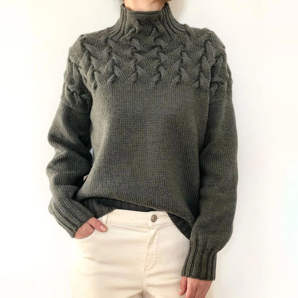 Women's high collar cable knit long sleeve sweater