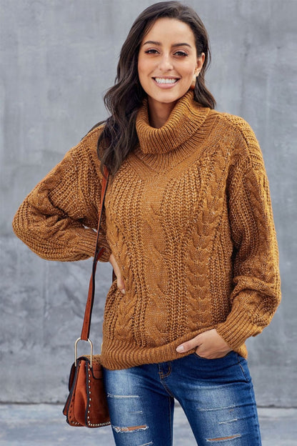Women’s Pullover Sweatshirt – Oversized Relaxed Fit – Cable Knit – Ribbed Turtleneck