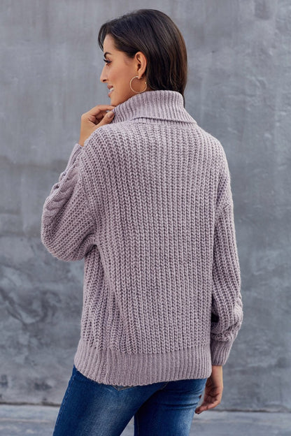 Women’s Pullover Sweatshirt – Oversized Relaxed Fit – Cable Knit – Ribbed Turtleneck