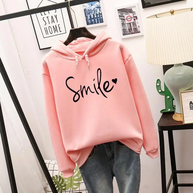 Women's smile print hooded pullover loose sweater