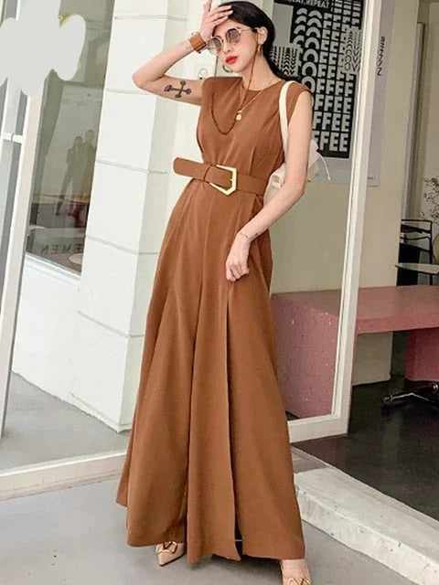 Women’s Maxi Dress - Sleeveless Flowing A-Line - Elegant Waist-Defined Silhouette