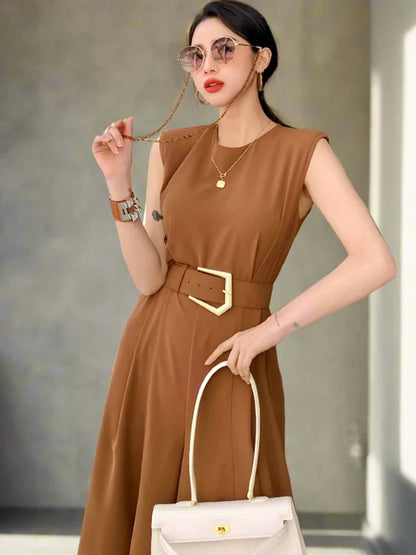 Women’s Maxi Dress - Sleeveless Flowing A-Line - Elegant Waist-Defined Silhouette