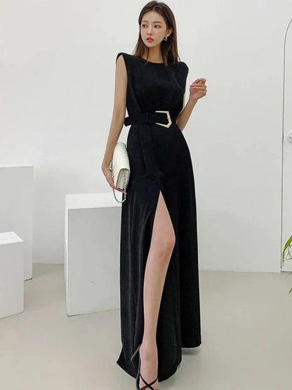 Women’s Maxi Dress - Sleeveless Flowing A-Line - Elegant Waist-Defined Silhouette