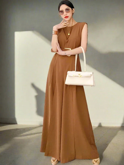 Women’s Maxi Dress - Sleeveless Flowing A-Line - Elegant Waist-Defined Silhouette