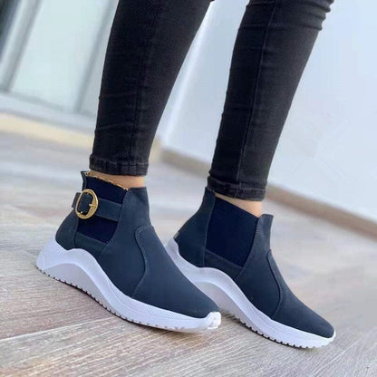 Women's Ankle Boots - Sleek Faux Leather - Platform Sole - Slip-On with Buckle Strap