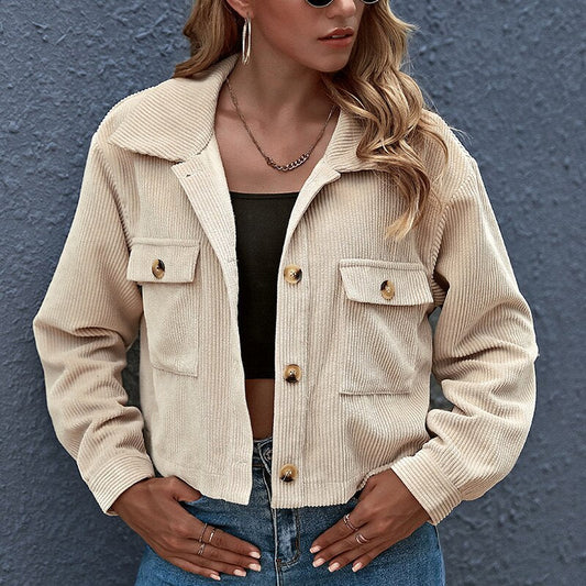 Corduroy Ribbed Button-Down Cropped Jacket