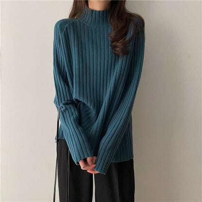 Women’s Knit Sweater - Ribbed Texture - Mock Turtleneck - Long Sleeve Relaxed Fit